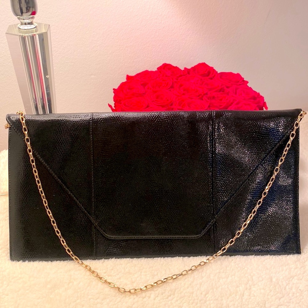 Halogen extra large black textured leather clutch with removable gold chain